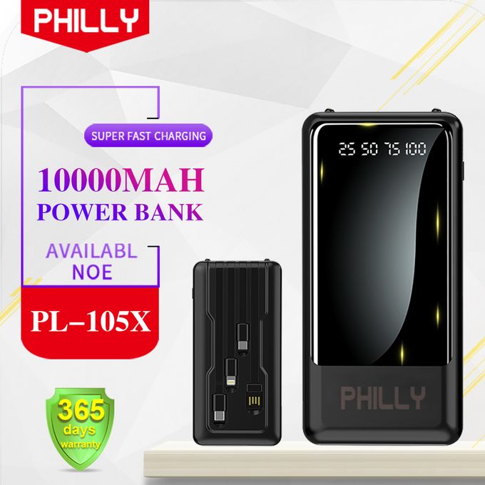 10000mAh Power-Bank With 4 Different Charging Cables - Black